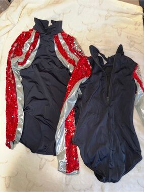 Balara Sequined Black Long-Sleeve Performance Leotard with Red Accents